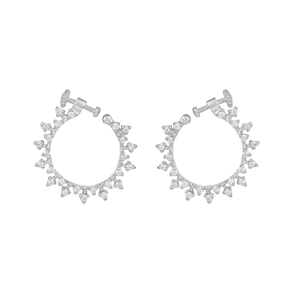 Stellar Halo CZ silver nose rings with clear cubic zirconia stones in a floral-spike pattern and screw-back closures.