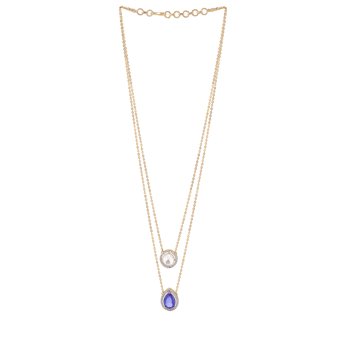 Halo Double-Layered Necklace in gold-tone metal featuring a round clear stone and a blue teardrop pendant with a halo border.