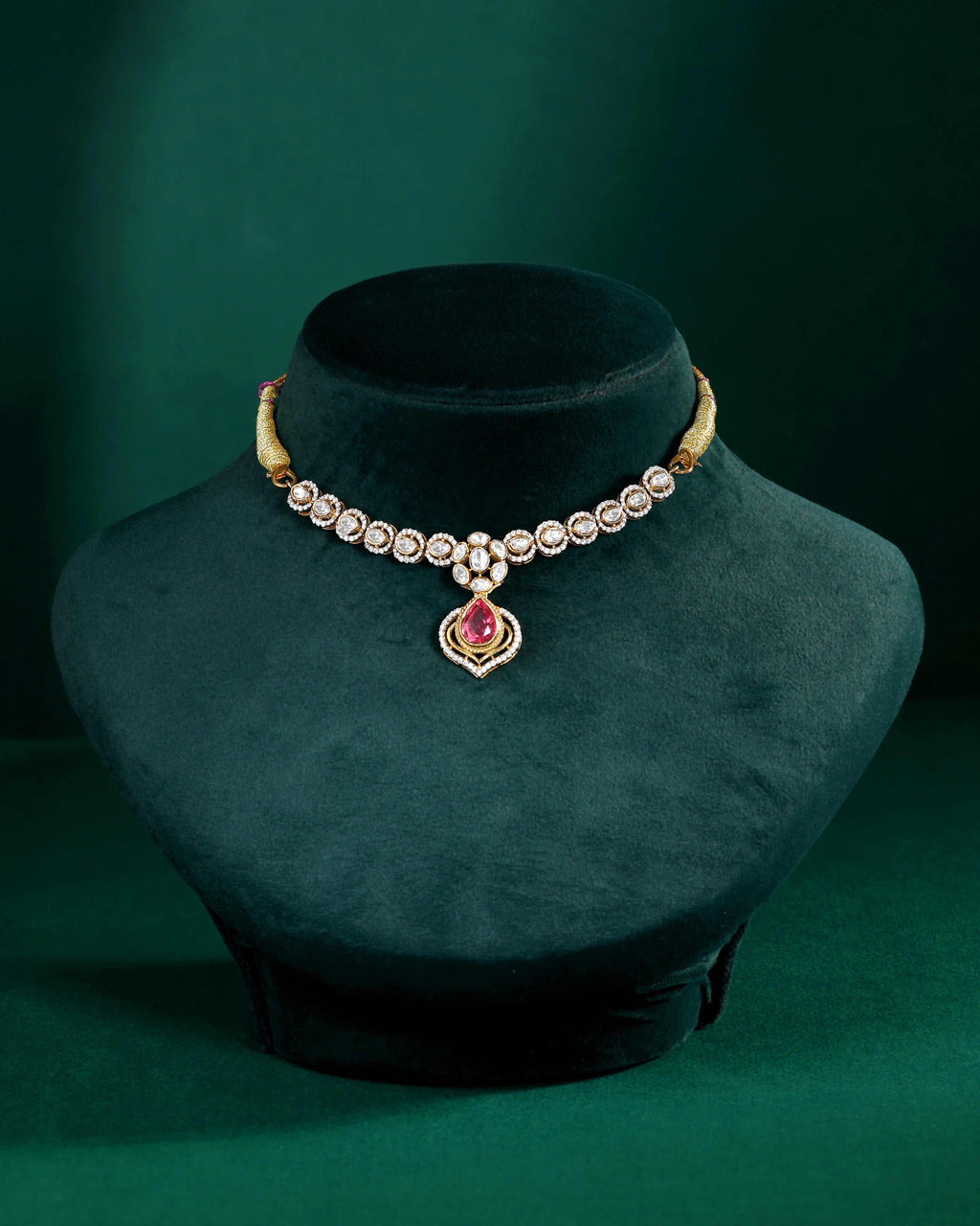Pink Ruby Stone Pear Necklace in 92.5 Silver by Tavya Jewellery - close-up detail