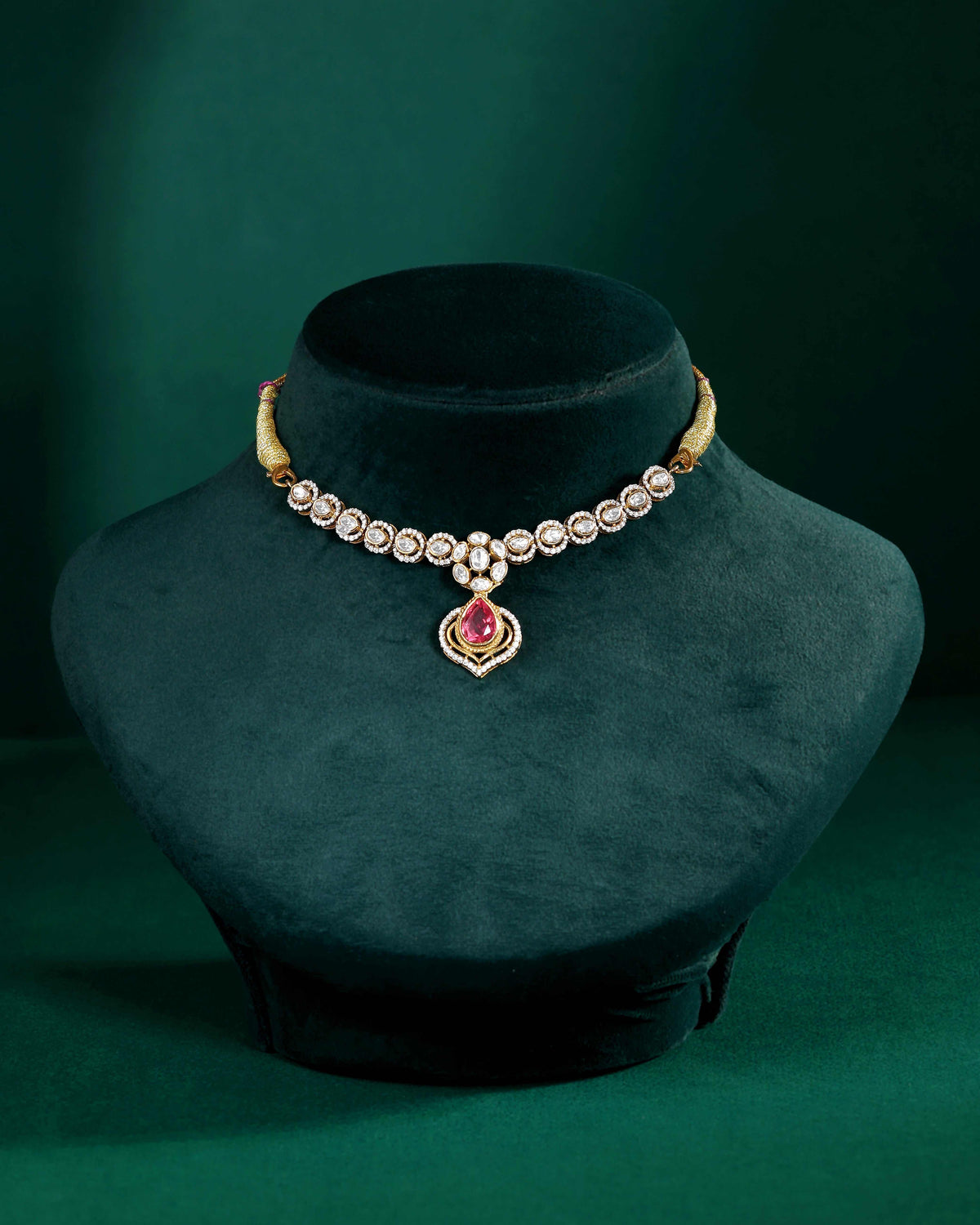 Pink Ruby Stone Pear Necklace in 92.5 Silver by Tavya Jewellery - close-up detail