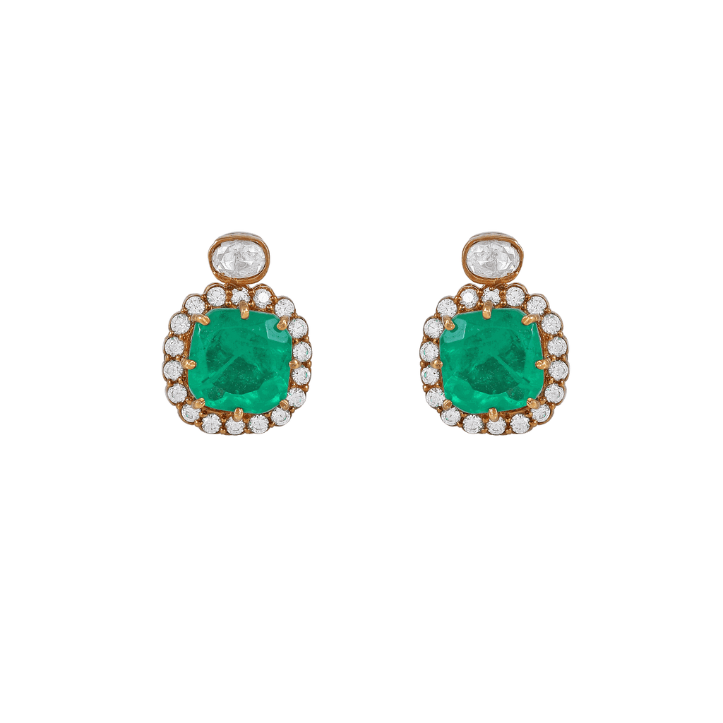 Regal Green Stone gold-finish stud earrings with cushion-cut green center and halo of clear cubic zirconia gemstones