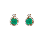 Regal Green Stone gold-finish stud earrings with cushion-cut green center and halo of clear cubic zirconia gemstones