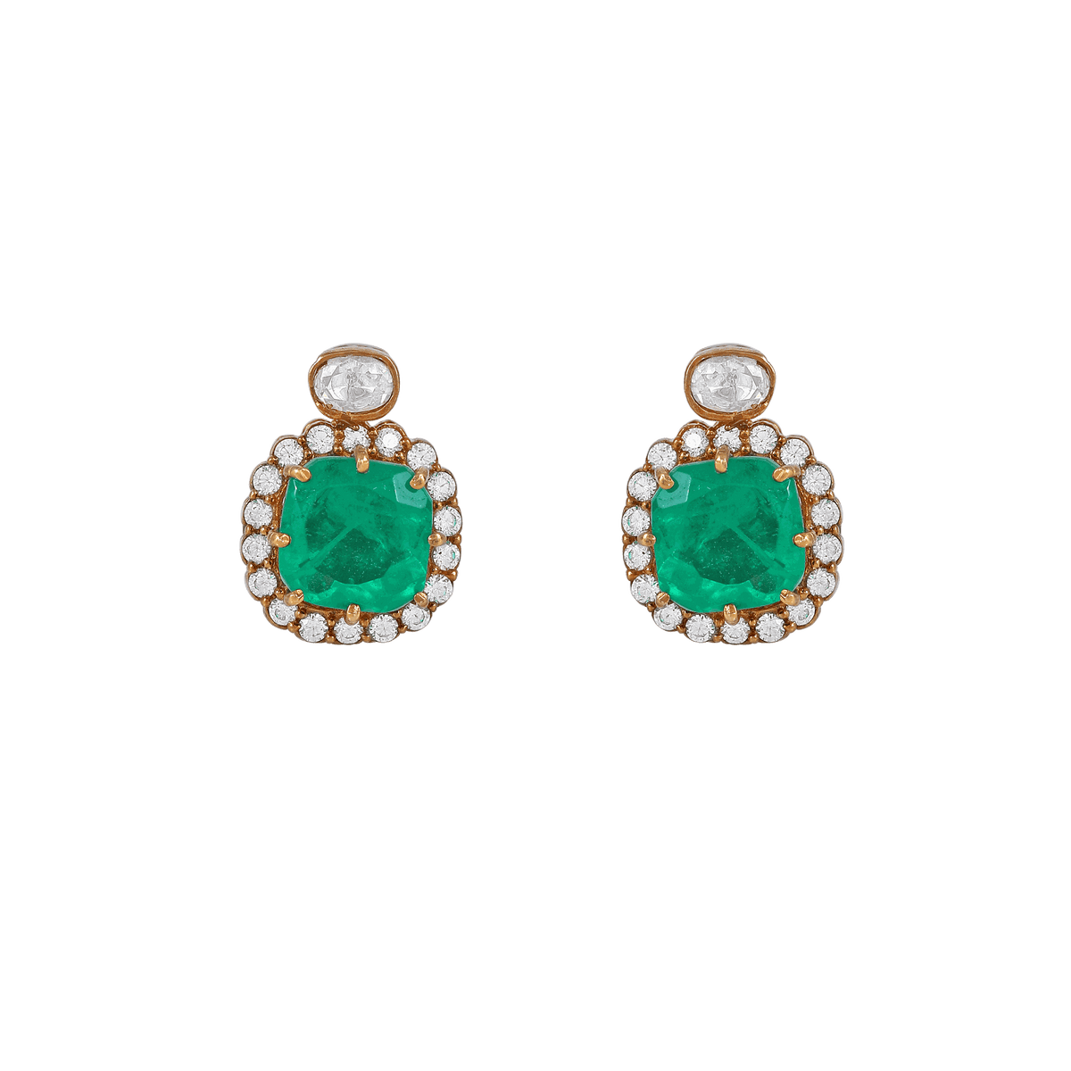 Regal Green Stone gold-finish stud earrings with cushion-cut green center and halo of clear cubic zirconia gemstones