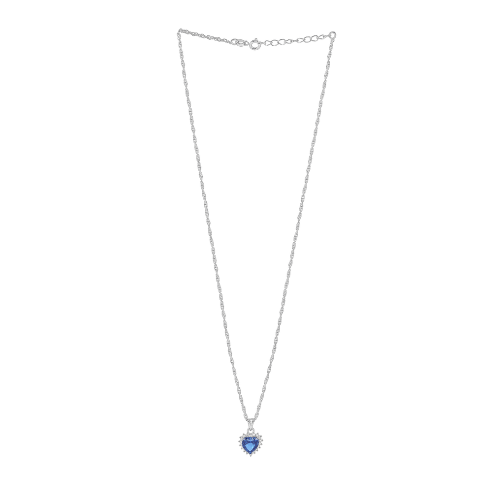 Deep Blue Heart Halo Silver Necklace featuring a silver chain with a heart-shaped blue center stone surrounded by clear halo stones.