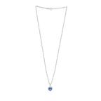 Deep Blue Heart Halo Silver Necklace featuring a silver chain with a heart-shaped blue center stone surrounded by clear halo stones.