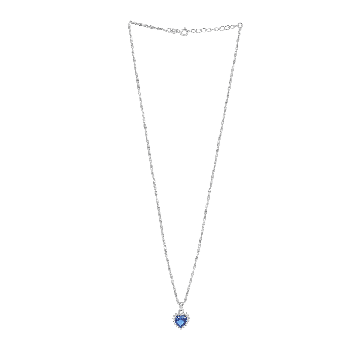 Deep Blue Heart Halo Silver Necklace featuring a silver chain with a heart-shaped blue center stone surrounded by clear halo stones.