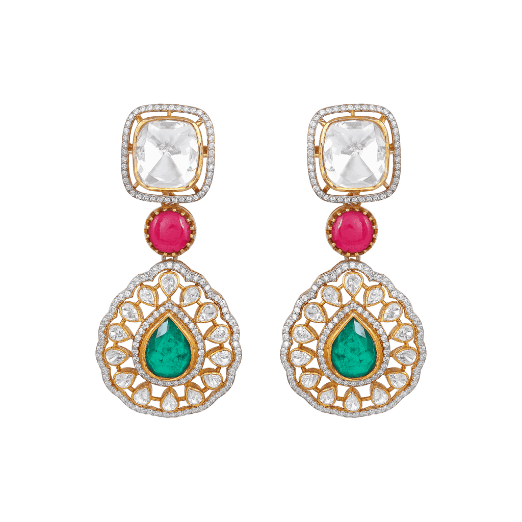 Floral Leaf Motif 92.5 silver dangler earrings with white, red, and green stones in a tiered, ornate design featuring leaf shapes and cubic zirconia accents.