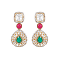 Floral Leaf Motif 92.5 silver dangler earrings with white, red, and green stones in a tiered, ornate design featuring leaf shapes and cubic zirconia accents.