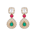 Floral Leaf Motif 92.5 silver dangler earrings with white, red, and green stones in a tiered, ornate design featuring leaf shapes and cubic zirconia accents.