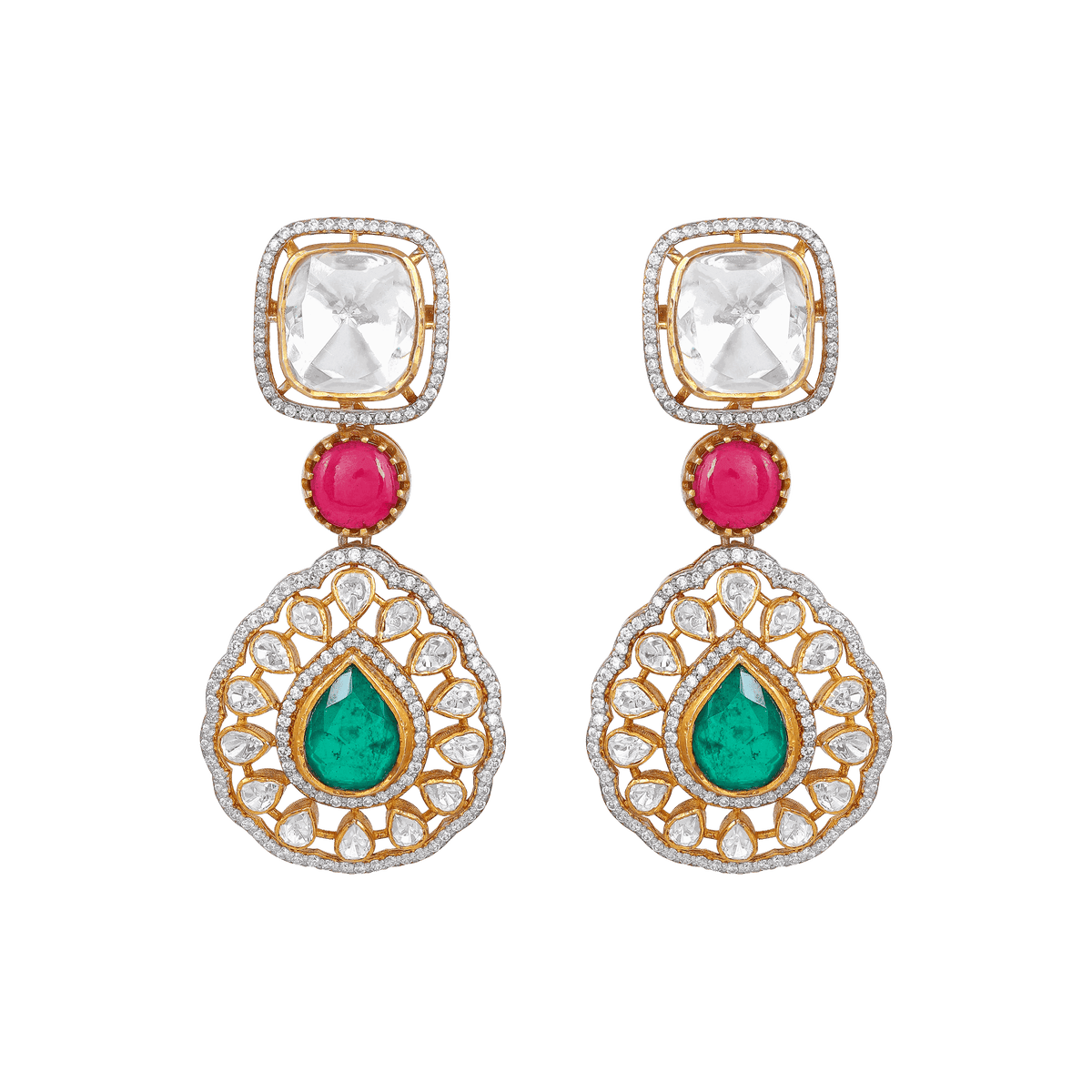Floral Leaf Motif 92.5 silver dangler earrings with white, red, and green stones in a tiered, ornate design featuring leaf shapes and cubic zirconia accents.
