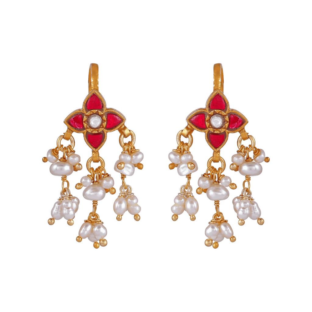 Silver Floral Bugadi Earrings featuring gold-tone metal, red stones in floral design, and white pearl cluster drops.
