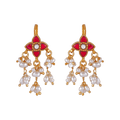 Silver Floral Bugadi Earrings featuring gold-tone metal, red stones in floral design, and white pearl cluster drops.