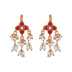 Silver Floral Bugadi Earrings featuring gold-tone metal, red stones in floral design, and white pearl cluster drops.