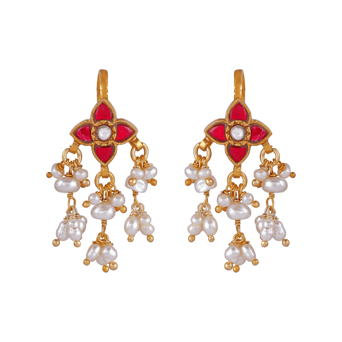 Silver Floral Bugadi Earrings featuring gold-tone metal, red stones in floral design, and white pearl cluster drops.