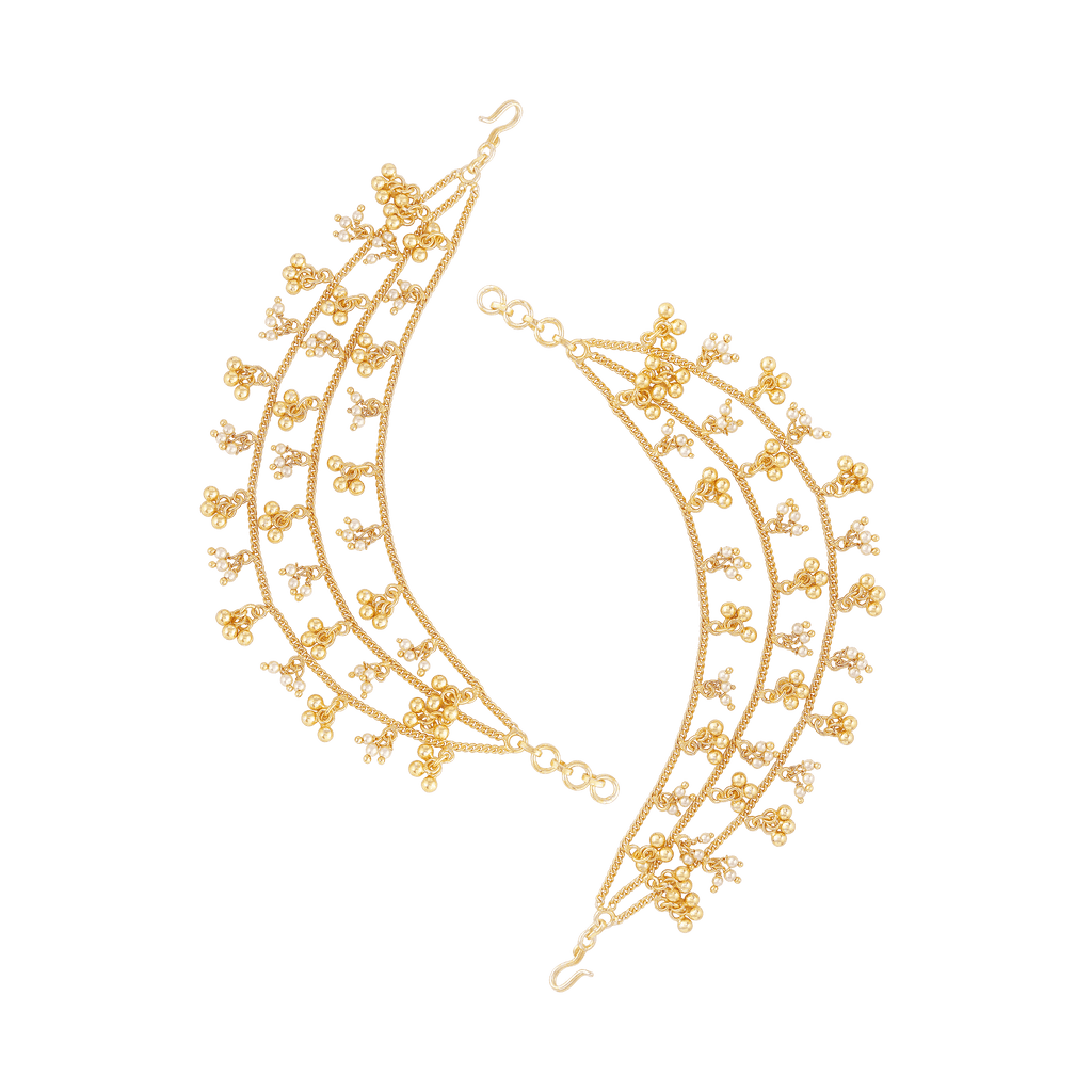 Silver 3-Layer Gold Plated Ear Chains featuring intricate gold-plated beads and delicate white accents in a three-tier design.