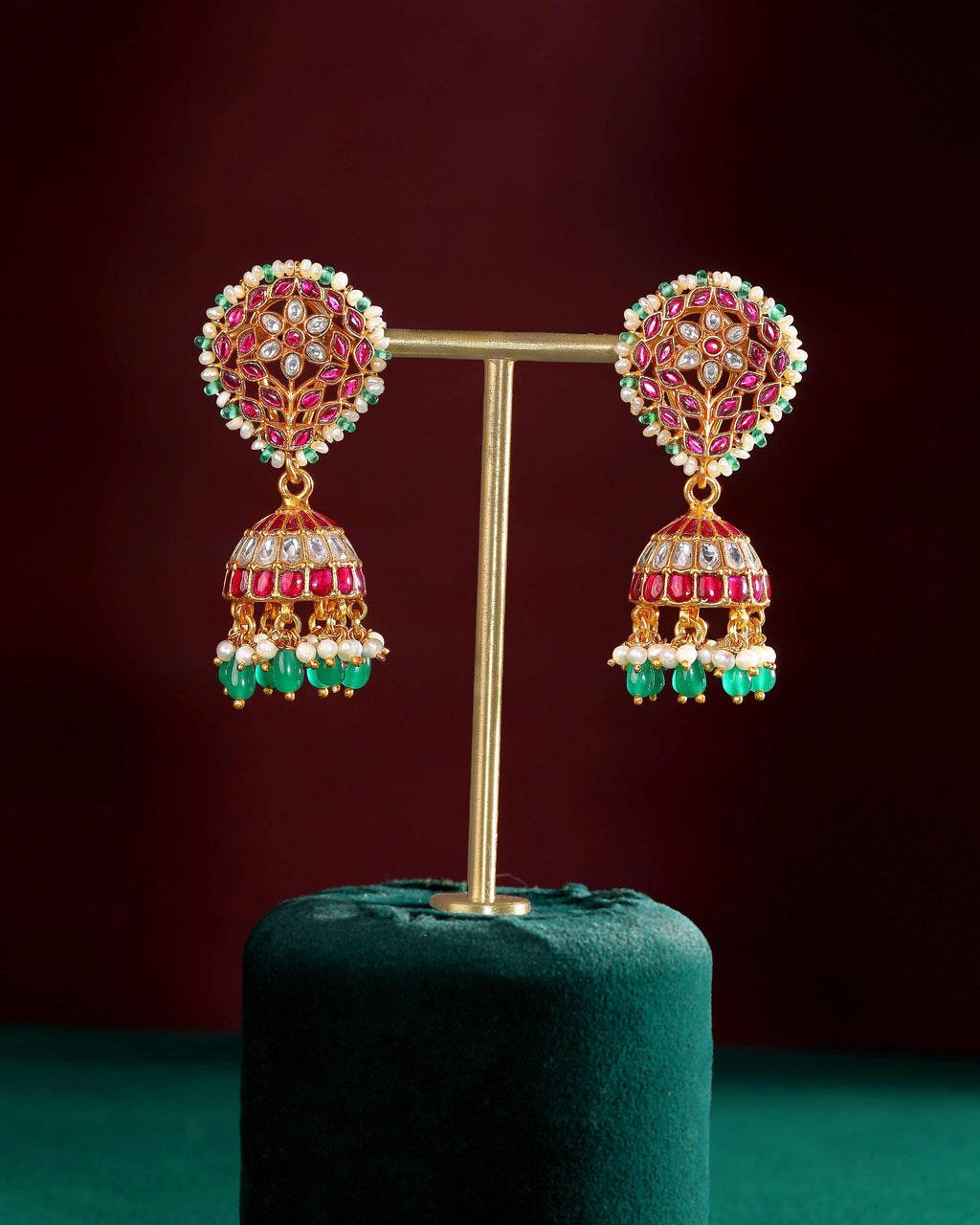 Vibrant Floral Kemp-Style 92.5 Silver Jhumkas by Tavya Jewellery - close-up detail