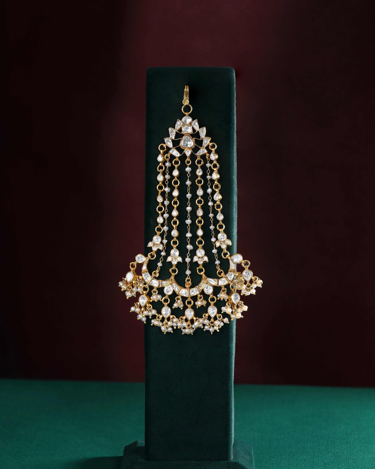 Mughal-Style Silver Passa with CZ & Pearl Droplets by Tavya Jewellery - close-up detail