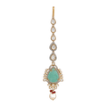 Silver Polki Maang Tikka featuring a pear-cut green stone, white polki diamonds, red bead accents, and a dangling pearl bead.