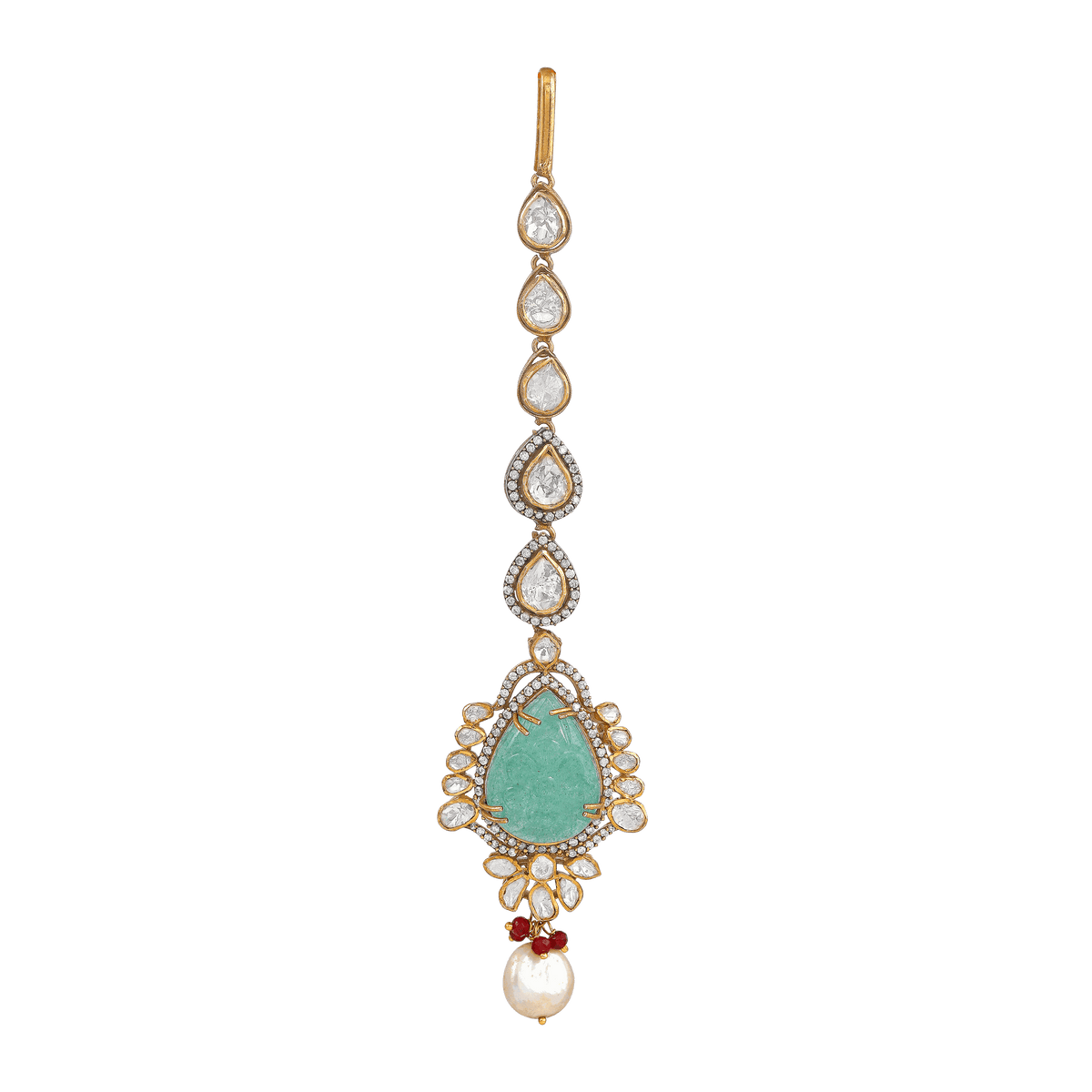 Silver Polki Maang Tikka featuring a pear-cut green stone, white polki diamonds, red bead accents, and a dangling pearl bead.