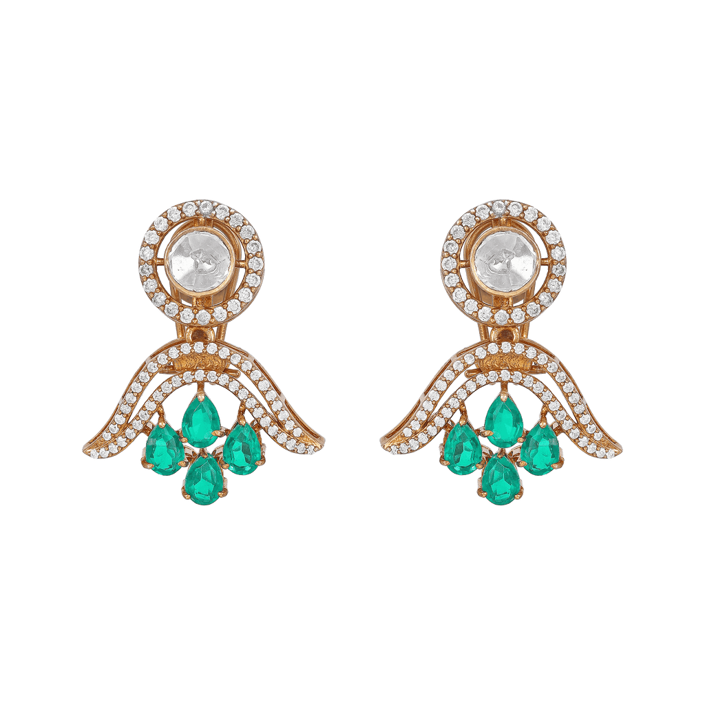 Vintage Polki-Inspired Silver Drop Earrings featuring circular clear stones, pavé-set arch, and four pear-cut emerald green drops.
