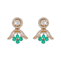 Vintage Polki-Inspired Silver Drop Earrings featuring circular clear stones, pavé-set arch, and four pear-cut emerald green drops.