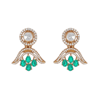 Vintage Polki-Inspired Silver Drop Earrings featuring circular clear stones, pavé-set arch, and four pear-cut emerald green drops.