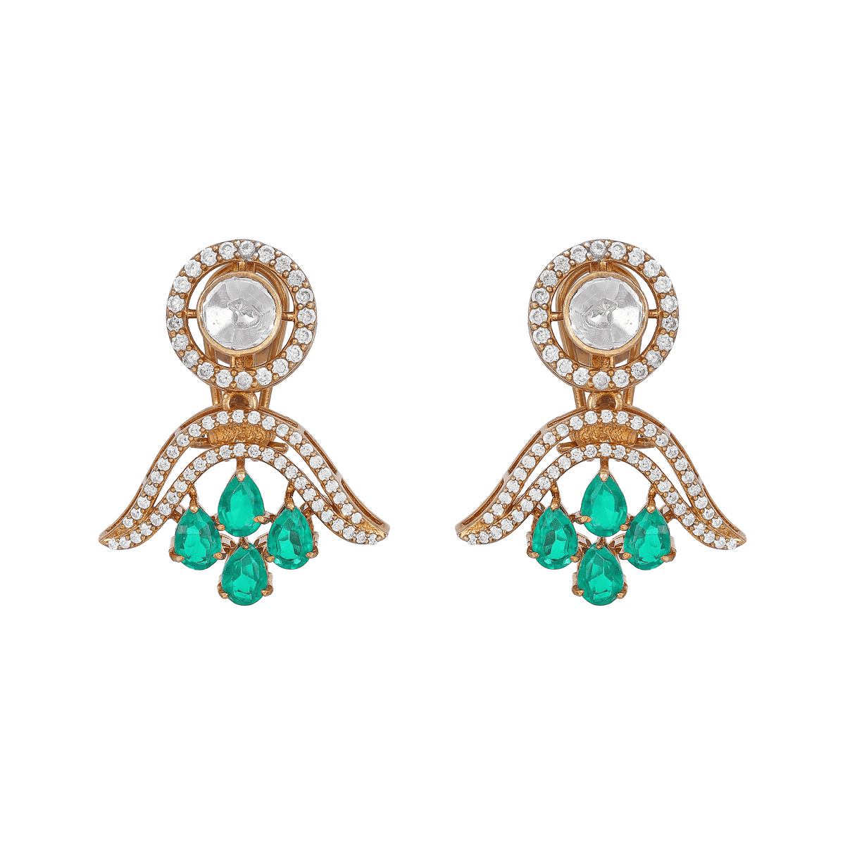 Vintage Polki-Inspired Silver Drop Earrings featuring circular clear stones, pavé-set arch, and four pear-cut emerald green drops.