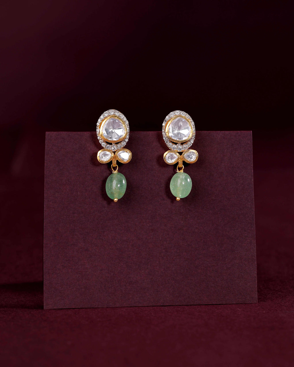 Polki-Style Silver CZ Halo Earrings with Green Droplets by Tavya Jewellery - close-up detail