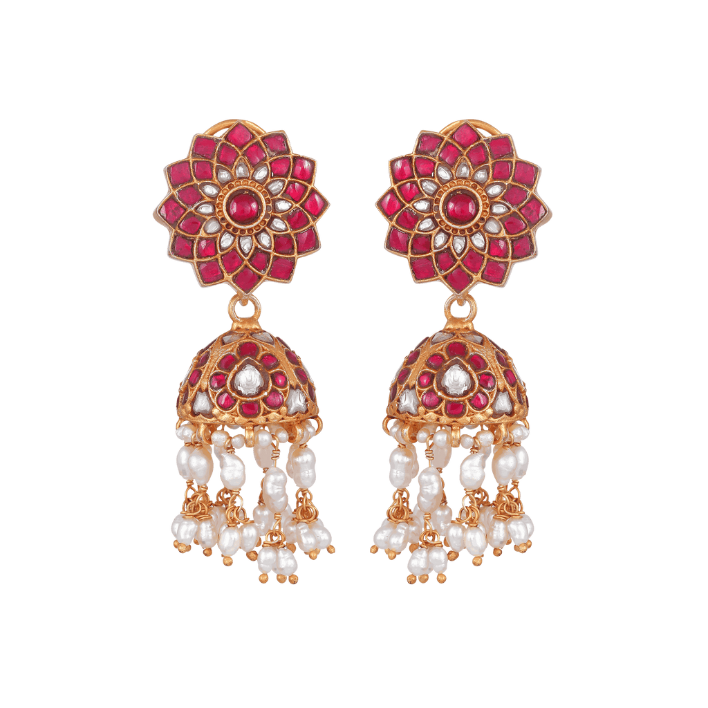 Silver Jhumkas With Floral Pattern by Tavya Jewellery - front view