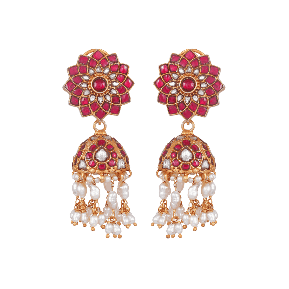 Silver Jhumkas With Floral Pattern by Tavya Jewellery - front view