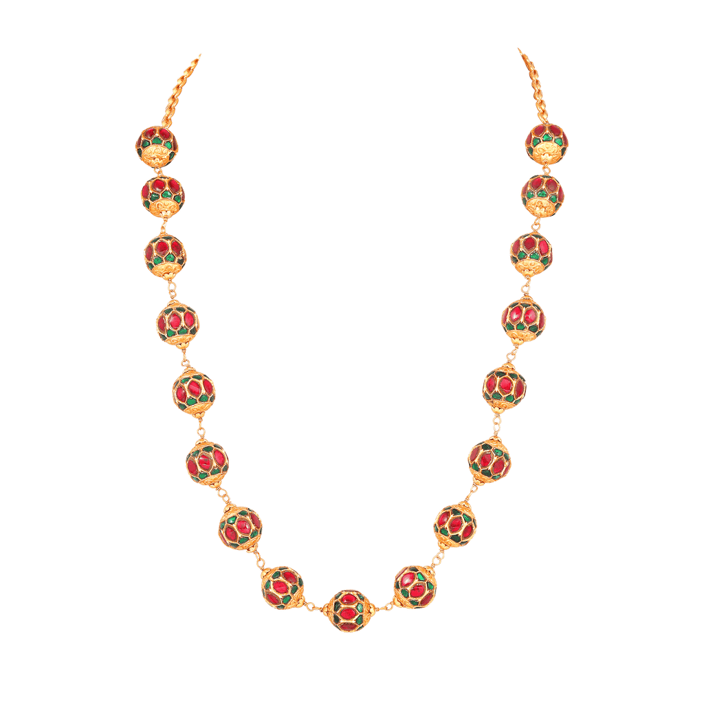 Gold-Tone Silver Kundan Pattern Bead Necklace featuring gold-plated spherical beads with red and green stone details and intricate Kundan work.