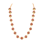 Gold-Tone Silver Kundan Pattern Bead Necklace featuring gold-plated spherical beads with red and green stone details and intricate Kundan work.