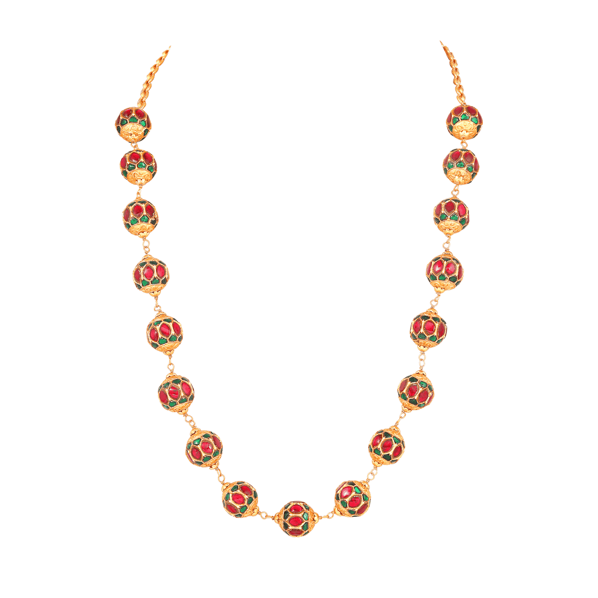Gold-Tone Silver Kundan Pattern Bead Necklace featuring gold-plated spherical beads with red and green stone details and intricate Kundan work.