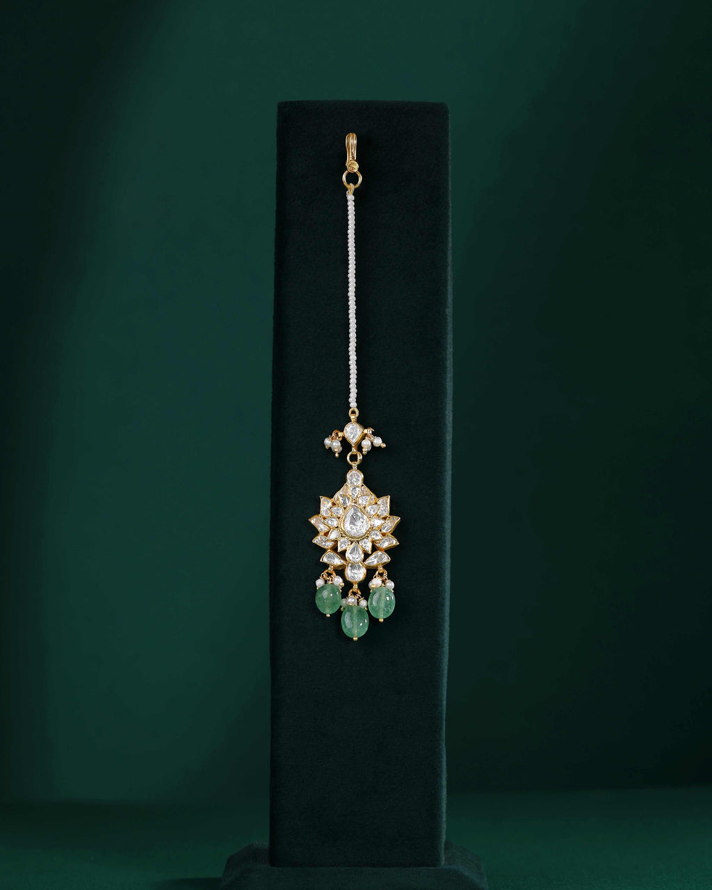 Silver Maang Tikka with Pearls and Green Beads by Tavya Jewellery - close-up detail