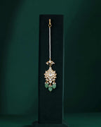Silver Maang Tikka with Pearls and Green Beads by Tavya Jewellery - close-up detail