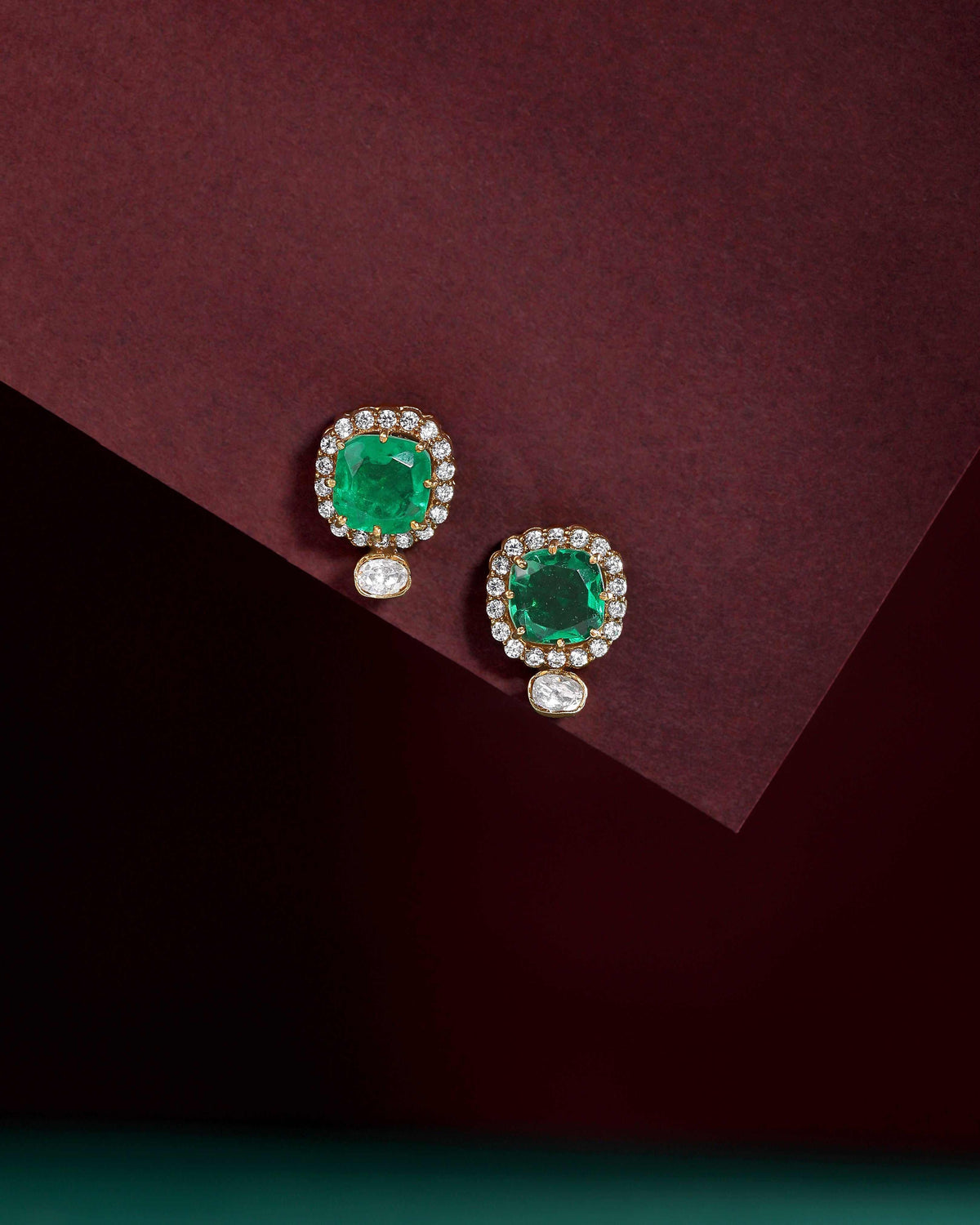 Regal Green Stone CZ Halo Studs in Silver by Tavya Jewellery - close-up detail