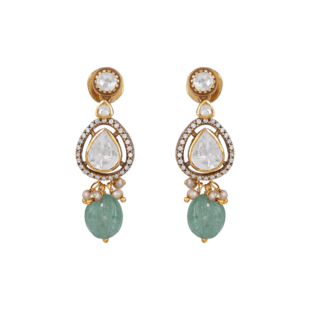 Empress Pear-Cut 92.5 silver drop earrings with pear-cut clear stones, pavé accents, seed pearls, and translucent green bead drops
