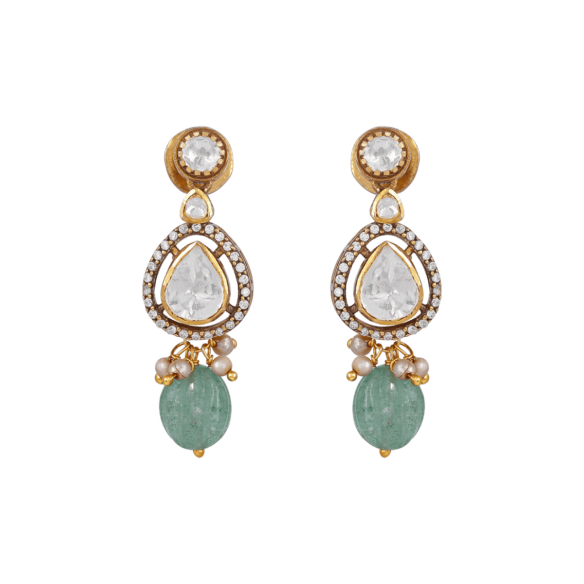 Empress Pear-Cut 92.5 silver drop earrings with pear-cut clear stones, pavé accents, seed pearls, and translucent green bead drops