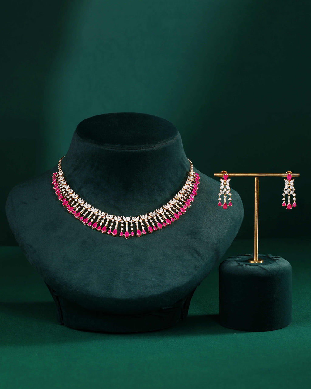 Radiant Flora Pink Stone Choker Set in Silver by Tavya Jewellery - close-up detail