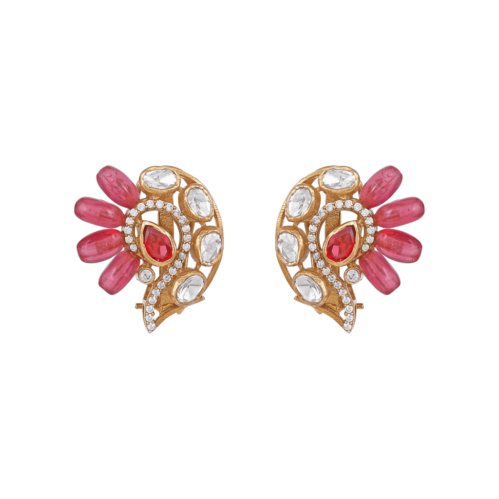 Silver Peacock Stud Earrings with gold-toned silver base, white stones, and pink teardrop beads in a peacock motif design.