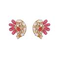 Silver Peacock Stud Earrings with gold-toned silver base, white stones, and pink teardrop beads in a peacock motif design.