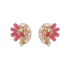 Silver Peacock Stud Earrings with gold-toned silver base, white stones, and pink teardrop beads in a peacock motif design.