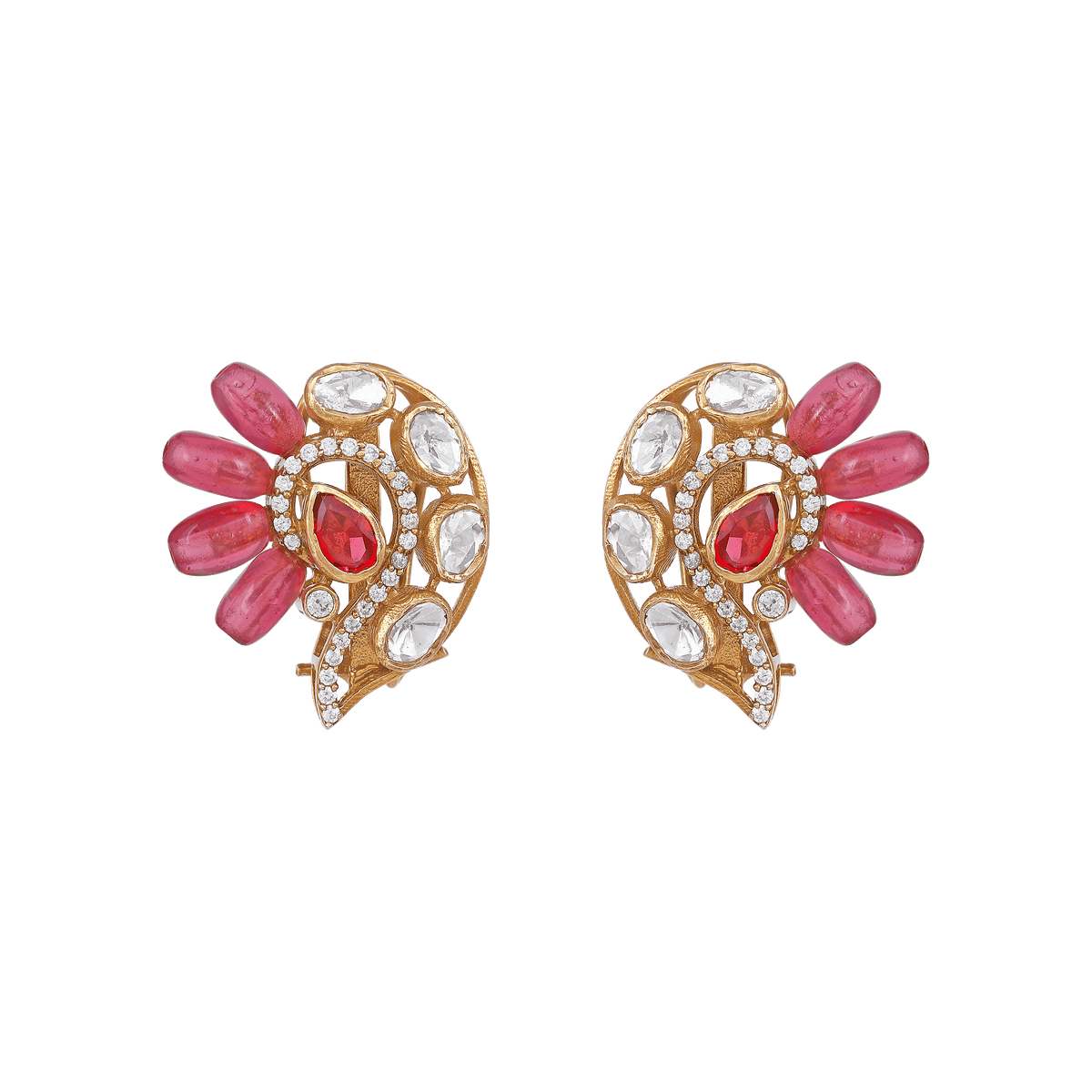 Silver Peacock Stud Earrings with gold-toned silver base, white stones, and pink teardrop beads in a peacock motif design.