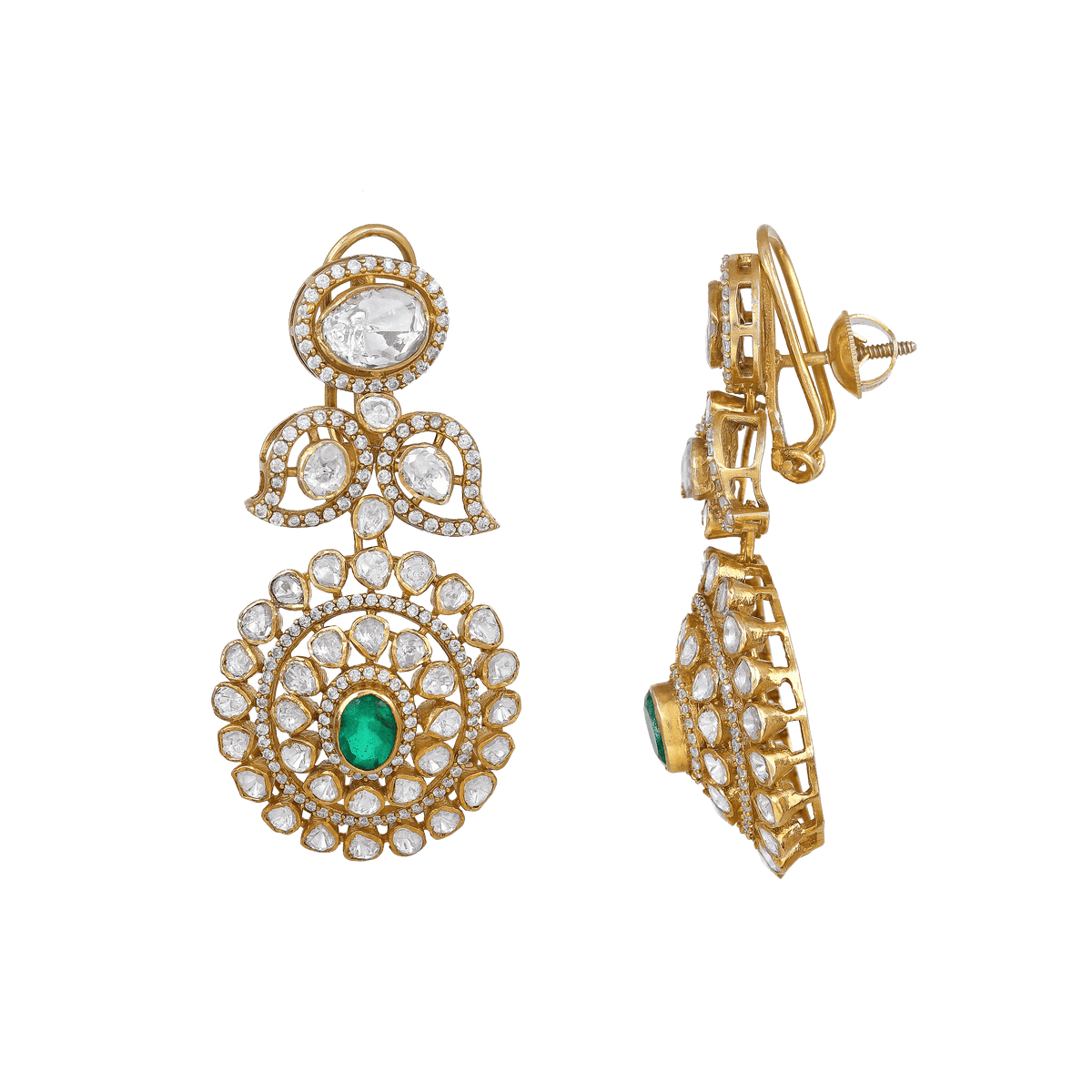 Empress Leaf-Motif Polki Style Silver Drop Earrings by Tavya Jewellery - full view