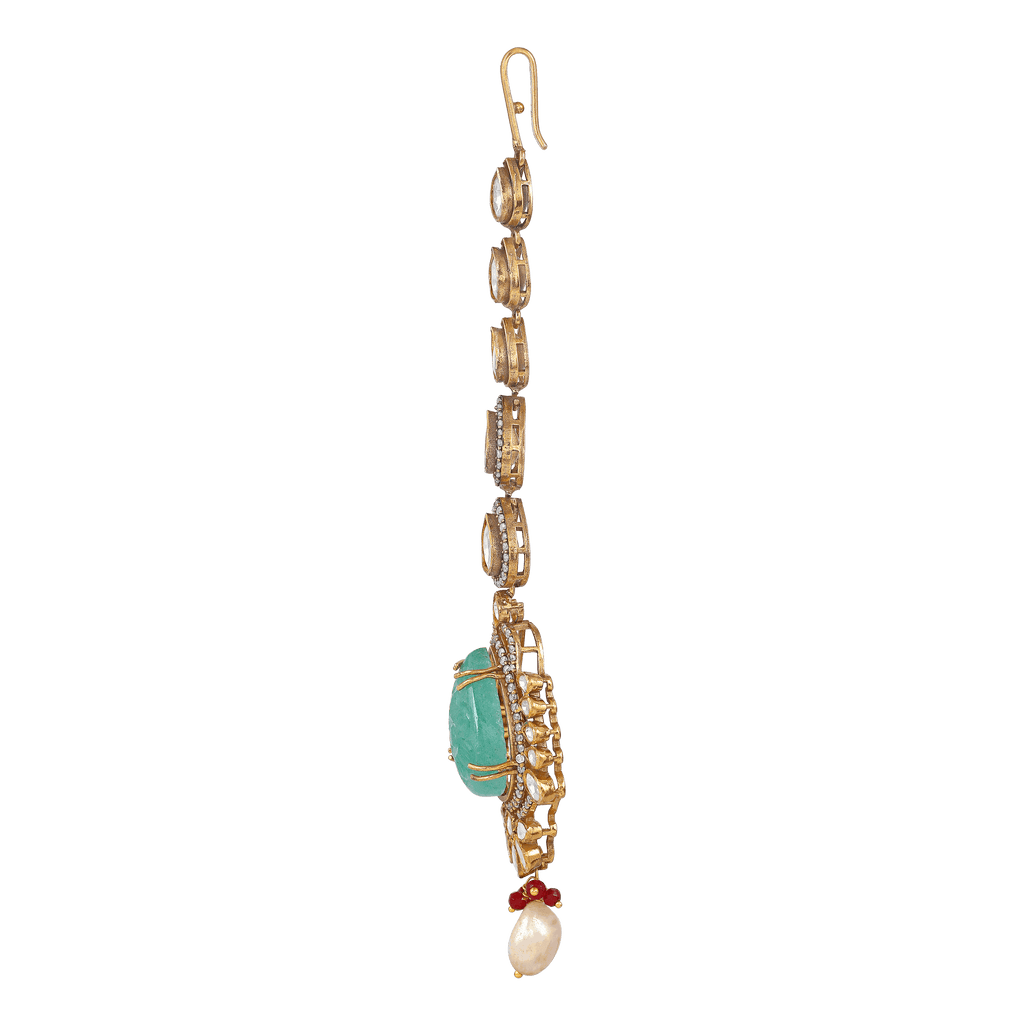 Silver Polki Maang Tikka with Pear-Cut Green Stone by Tavya Jewellery - full view
