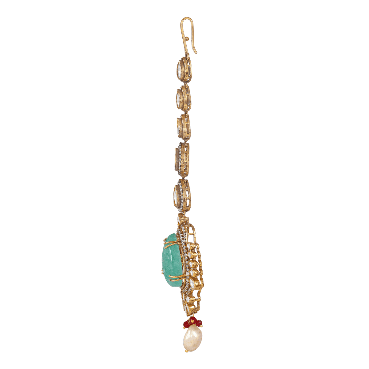 Silver Polki Maang Tikka with Pear-Cut Green Stone by Tavya Jewellery - full view