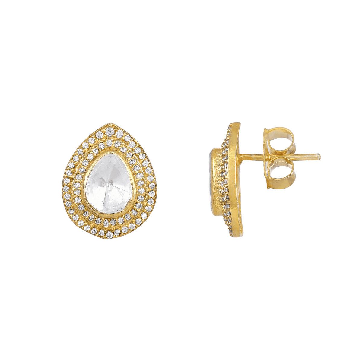 Majestic Pear-Cut Polki Style 92.5 Silver Studs by Tavya Jewellery - side view
