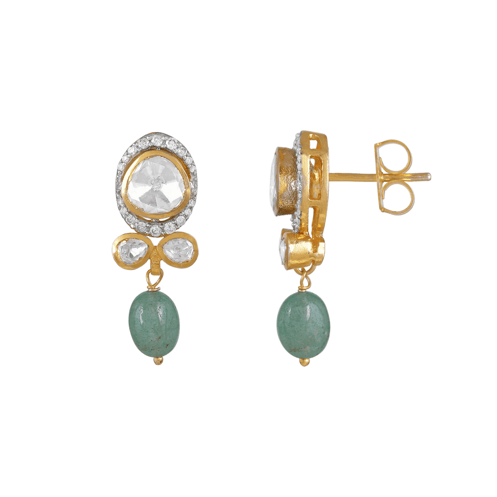 Polki-Style Silver CZ Halo Earrings with Green Droplets by Tavya Jewellery - full view