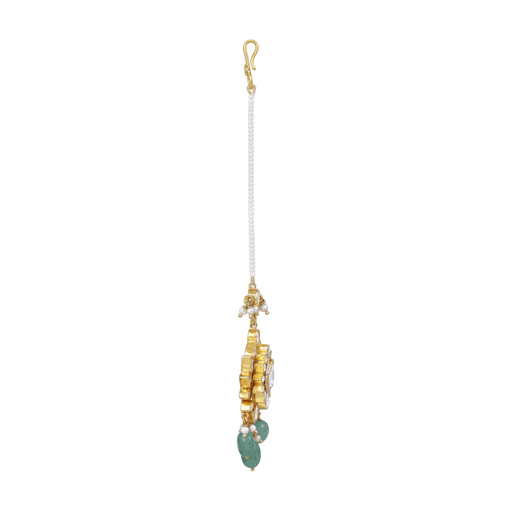 Silver Maang Tikka with Pearls and Green Beads by Tavya Jewellery - side view