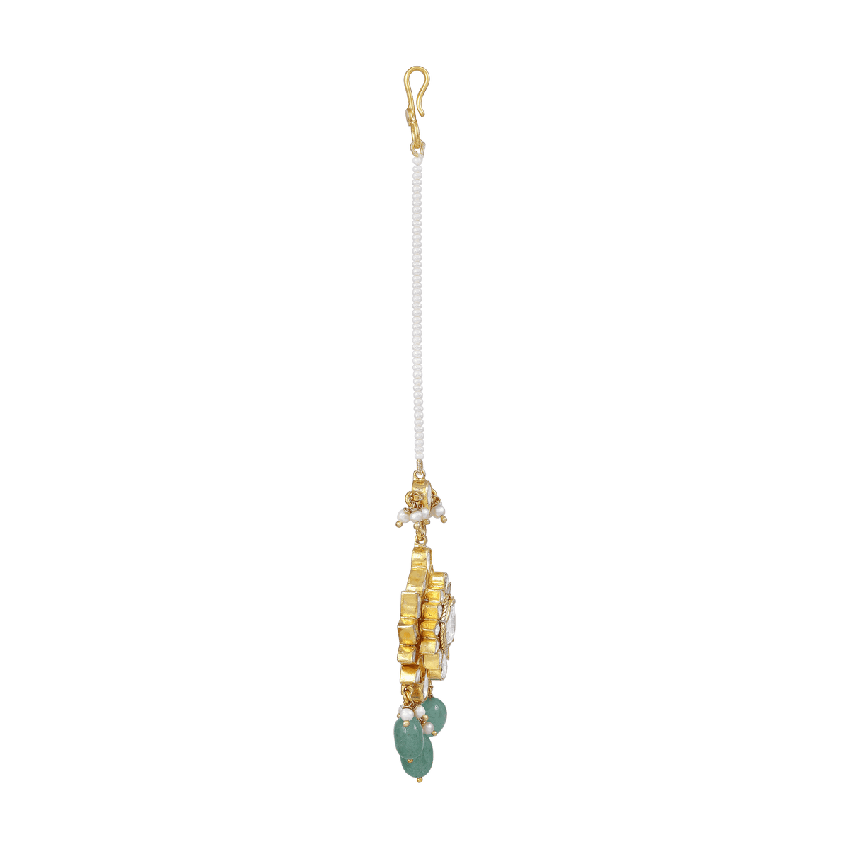 Silver Maang Tikka with Pearls and Green Beads by Tavya Jewellery - side view